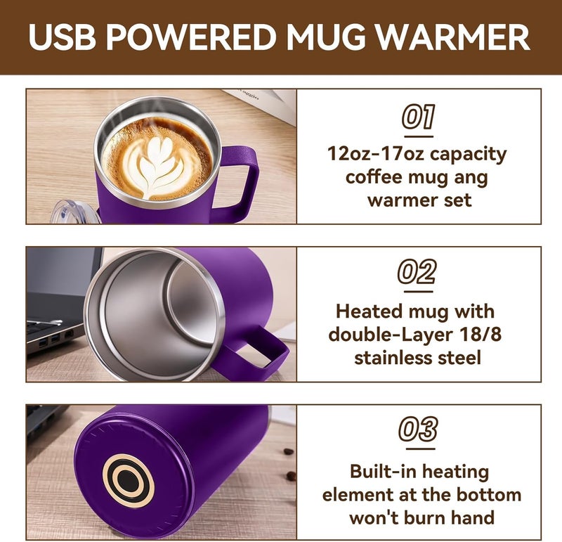DEQIANG Self Heating Coffee Mug, Heated Coffee Mug with Smart Mug Warmer & Ergonomic Handle, Auto Heat to 131°F, USB-Powered Desk Warmer for Office Home Use, Ideal Coffee Lovers Gift (Purple-17oz) - Image 4